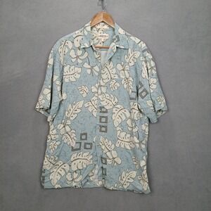 Vintage Campia Moda Hawaiian Shirt Mens Large Blue Rayon Botanical Button Up